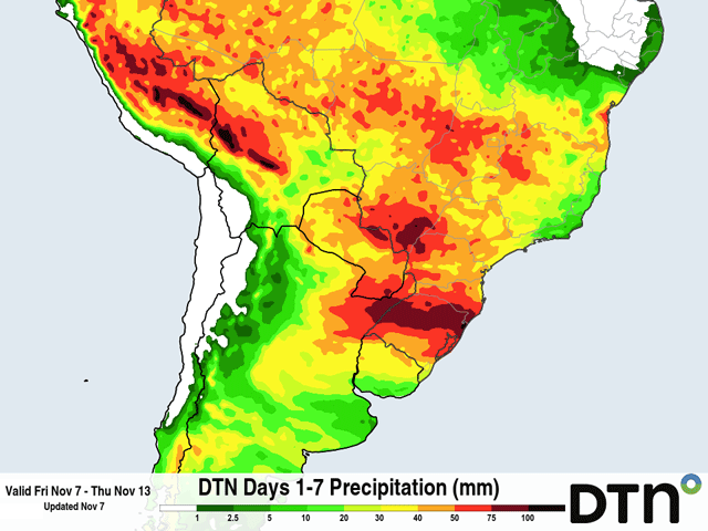 The next week of rainfall should follow the last couple, with good coverage across much of South America. But this may be the last week to do it for a while. (DTN graphic)
