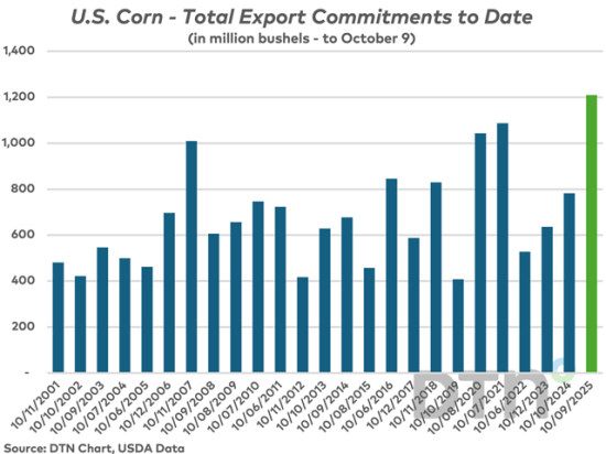 2025-26 Corn export commitments to Oct. 9 (shown in green) are easily setting a record pace, and that is without any sales to China. But what happens if China starts buying U.S. corn as well? (DTN chart)
