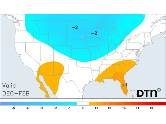 Frequent cold is forecast across the northern half of the country this winter, though widespread cold influences should occur early in the season. (DTN graphic)
