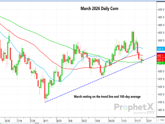 This is a daily chart of March futures showing a key moving average and trend line just below. (DTN ProphetX chart)