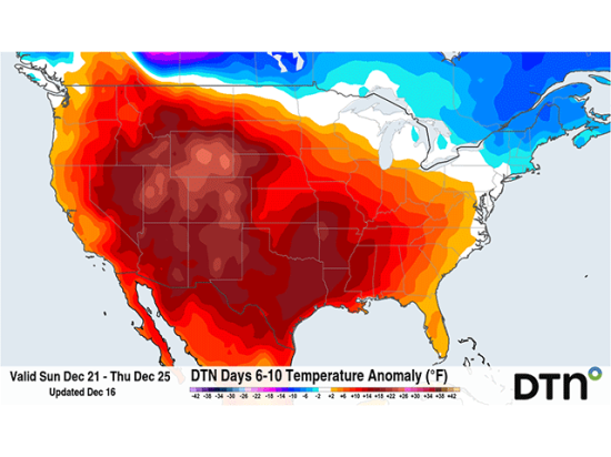 Above-normal temperatures will be rather consistent throughout the next week. The days leading up to Christmas are forecast to be especially warm. (DTN graphic)