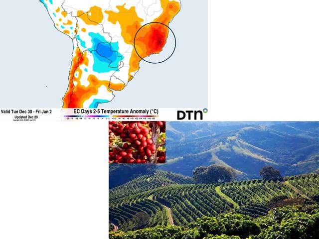 Temperatures of 10-20 degrees Fahrenheit are forecast through the next week in Brazil's main coffee areas, which could stress developing coffee beans. (DTN graphic; Boutique Travel photos)