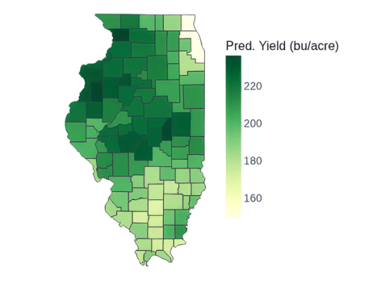 Carroll County in northwest Illinois is forecast to lead the state with an average corn yield of 236.4 bushels per acre (bpa). Lake County in northeast Illinois is projected to have the lowest county average yield at 148.6 bpa. (DTN map by Scott Williams)
