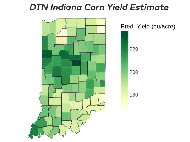 Tipton County in central Indiana is forecast to lead the state with an average corn yield of 235.8 bushels per acre (bpa). Starke County in the state's northwestern region is projected to have the lowest county average yield at 167.3 bpa. (DTN map by Scott Williams)