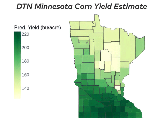 Faribault County in south-central Minnesota is forecast to lead the state with an average corn yield of 223.6 bushels per acre (bpa). Anoka County just north of the Twin Cities is projected to have the lowest county average yield at 124.5 bpa. (DTN map by Scott Williams)