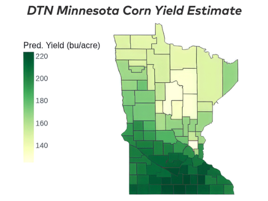Faribault County in south-central Minnesota is forecast to lead the state with an average corn yield of 223.6 bushels per acre (bpa). Anoka County just north of the Twin Cities is projected to have the lowest county average yield at 124.5 bpa. (DTN map by Scott Williams)
