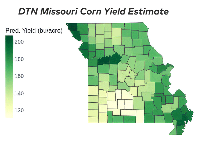 Atchison County in northwest Missouri is forecast to lead the state with an average corn yield of 207.4 bushels per acre (bpa). Wright County in south-central Missouri is projected to have the lowest county average yield at 111.0 bpa. (DTN map by Scott Williams)