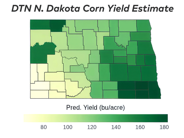 Ransom County in southeastern North Dakota is forecast to lead the state with an average corn yield of 183.0 bushels per acre (bpa). Slope County in the state's southwestern region is projected to have the lowest county average yield at 63.2 bpa. (DTN map by Scott Williams)
