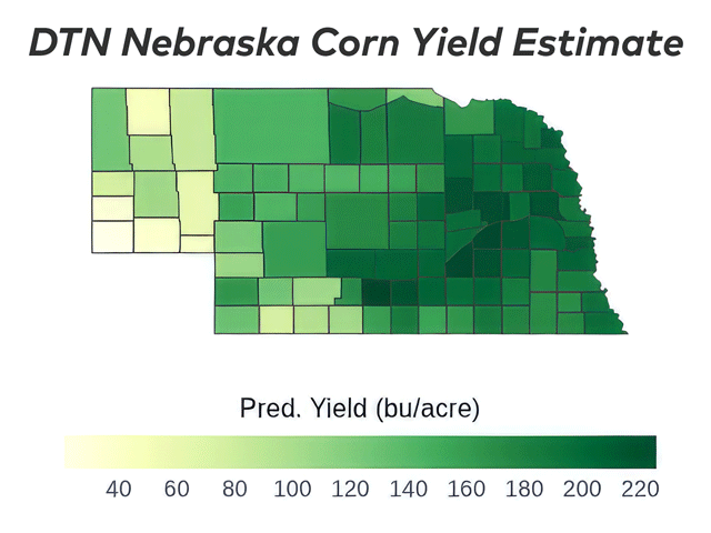 Phelps County in south-central Nebraska is forecast to lead the state with an average corn yield of 225.5 bushels per acre (bpa). Kimball County in the southwestern corner of the Nebraska Panhandle is projected to have the lowest county average yield at 21.1 bpa. (DTN map by Scott Williams)