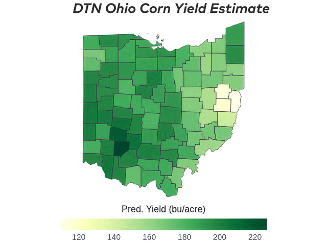 Clinton County in southwest Ohio is forecast to lead the state with an average corn yield of 226.7 bushels per acre (bpa). Jefferson County in eastern Ohio is projected to have the lowest county average yield at 109.6 bpa. (DTN map by Scott Williams)