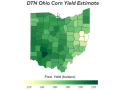 Clinton County in southwest Ohio is forecast to lead the state with an average corn yield of 226.7 bushels per acre (bpa). Jefferson County in eastern Ohio is projected to have the lowest county average yield at 109.6 bpa. (DTN map by Scott Williams)