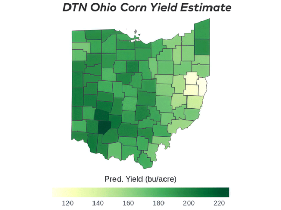Clinton County in southwest Ohio is forecast to lead the state with an average corn yield of 226.7 bushels per acre (bpa). Jefferson County in eastern Ohio is projected to have the lowest county average yield at 109.6 bpa. (DTN map by Scott Williams)