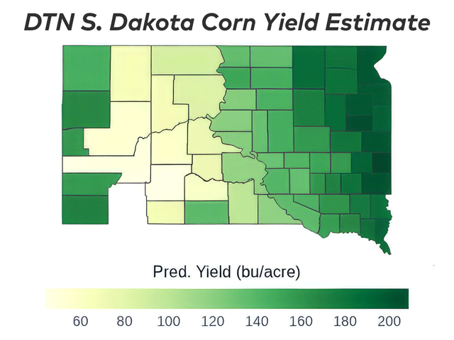 Moody County in eastern South Dakota is forecast to lead the state with an average corn yield of 208.8 bushels per acre (bpa). Jackson County in the South Dakota Badlands is projected to have the lowest county average yield at 43.9 bpa. (DTN map by Scott Williams)