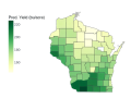 Lafayette County in southwest Wisconsin is forecast to lead the state with an average corn yield of 226.9 bushels per acre (bpa). Oneida County in north-central Wisconsin is projected to have the lowest county average yield at 143.9 bpa. (DTN map by Scott Williams)