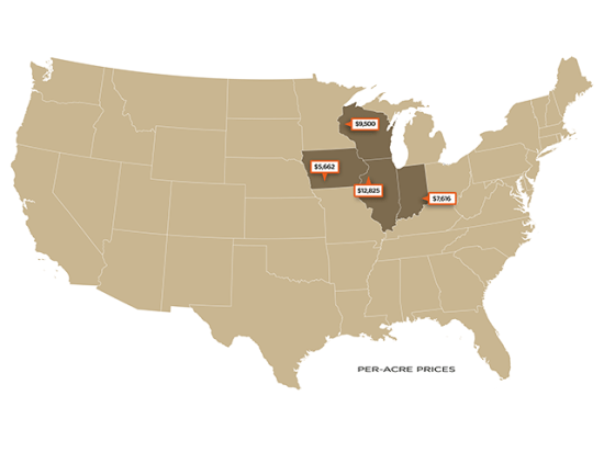 Per-acre prices of recent farmland sales. (DTN graphic)
