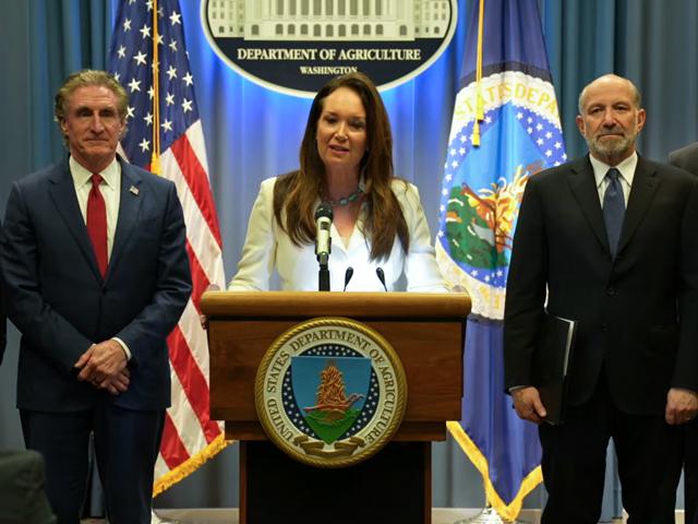 Agriculture Secretary Brooke Rollins, along with Interior Secretary Doug Burgum, left, and Commerce Secretary Howard Lutnick, talks about the Trump administration's plans to expand fertilizer production on Tuesday. Rollins laid out a long list of various moves that she said will boost domestic fertilizer production and diversify the industry. (Image from livestream)