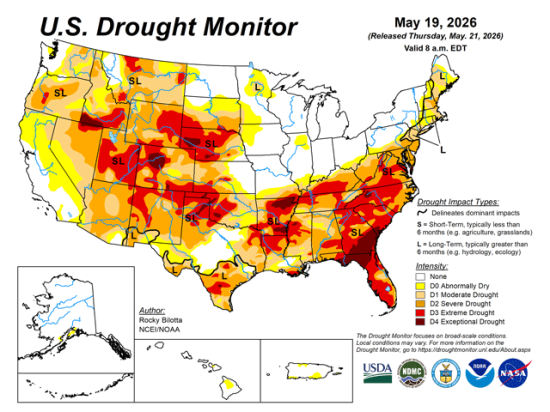 The latest U.S. Drought Monitor map showcases drought in many areas of the country. (NDMC/NOAA/USDA graphic)