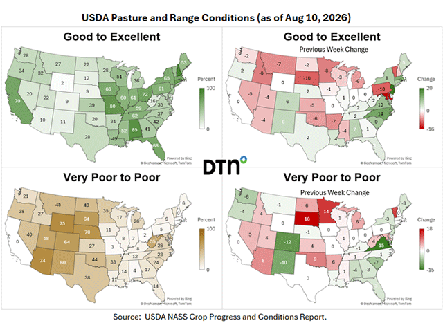 Pasture and range conditions vary according to which states received moisture while others continue in drought conditions. (DTN map)