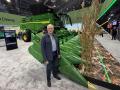 Aaron Wetzel, vice president of production and precision ag production systems at John Deere, said Deere's tech stake in this X9 combine has improved harvest efficiency by 20% to 30%. (DTN photo by Dan Miller)