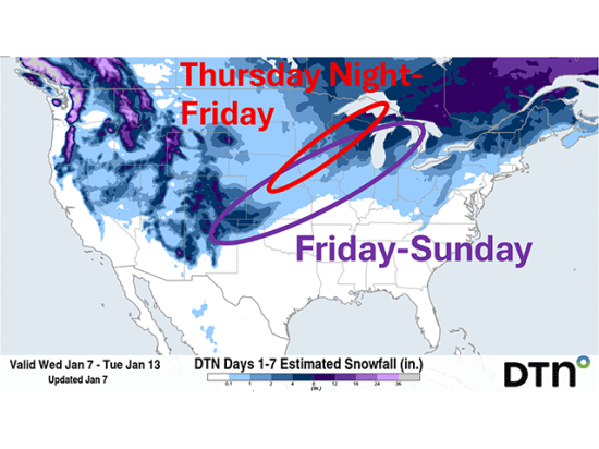 A pair of systems will spread some snowy impacts through the U.S. over the next several days. (DTN graphic)