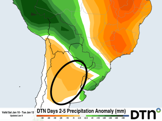 A drier stretch of weather across Argentina could continue downward trends in soil moisture and crop conditions. (DTN graphic)