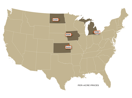 Per-acre prices of recent farmland sales. (DTN graphic)