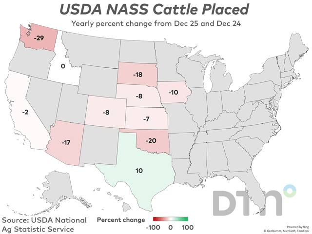 Placements in feedlots during December totaled 1.55 million head, 5% below 2024. This chart shows the percentage change in placements by state. (DTN/Progressive Farmer chart by Kathy Myers)