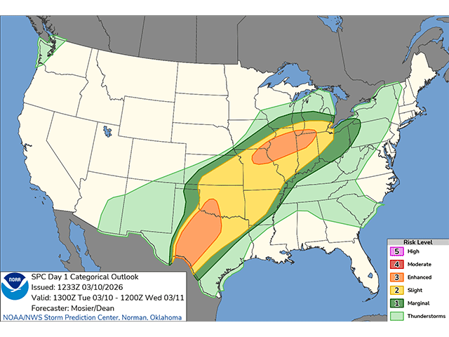 The Storm Prediction Center has indicated two distinct areas of the Central U.S. as having enhanced risks of severe weather for Tuesday. (SPC graphic)