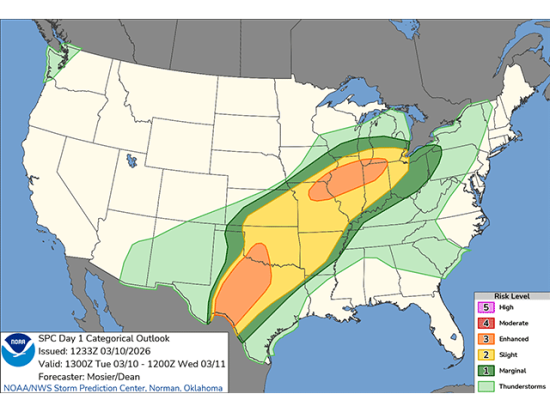 The Storm Prediction Center has indicated two distinct areas of the Central U.S. as having enhanced risks of severe weather for Tuesday. (SPC graphic)