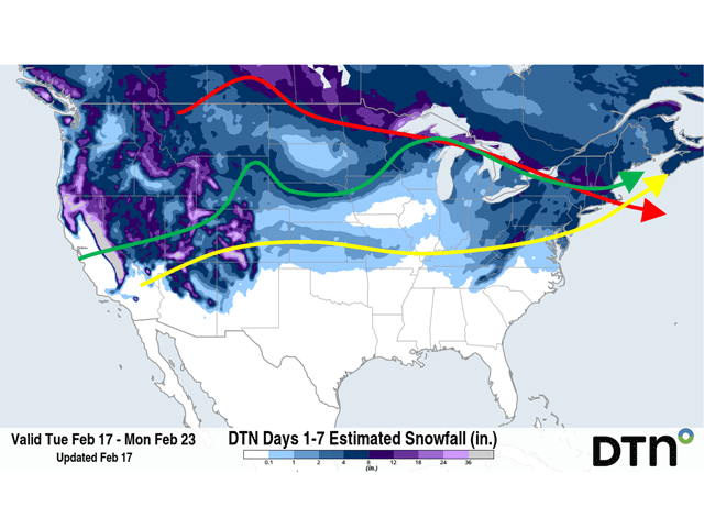 A three-part system will move across the U.S. this week with widespread potential for snow. Each storm will move progressively farther south and follow unusual storm tracks. (DTN graphic)