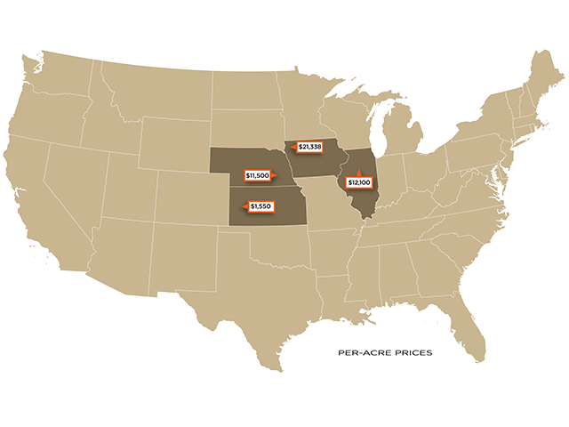 Per-acre prices of recent farmland sales. (DTN graphic)