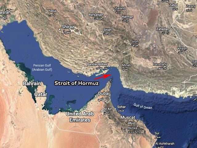 The Strait of Hormuz between Iran and the United Arab Emirates is a critical shipping area for roughly 20% of the world's petroleum products. It's also a major shipping lane for nitrogen and phosphorus fertilizer. (Image created with Google Maps)