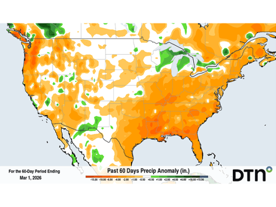 Precipitation deficits during the last two months of winter are very large across the southern and eastern U.S. (DTN graphic)