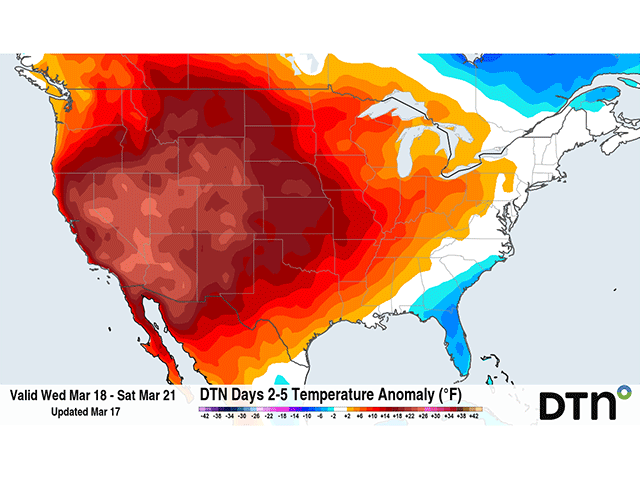 Extremely warm air will be building across the West and spilling into the Central U.S. for the rest of this week. (DTN graphic)