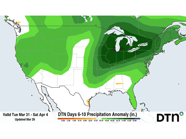 Above-normal precipitation is forecast for large areas of the country next week. (DTN graphic)