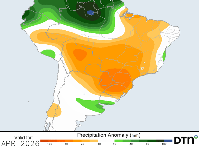 The last month of the wet season does not look particularly wet for Brazil. (DTN graphic)