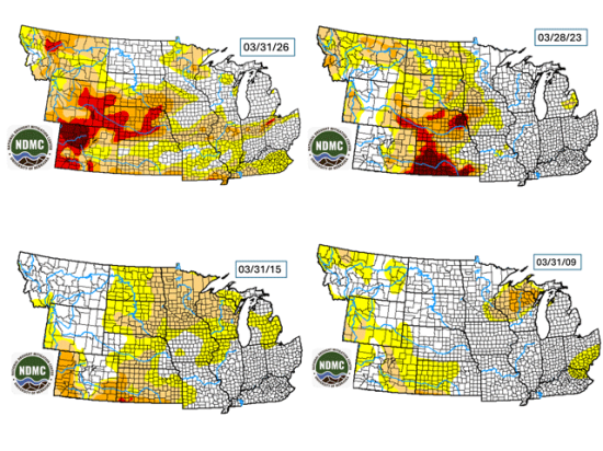 Dryness and drought at the end of March covered almost 70% of the central U.S. That is greater than in any of the top three DTN weather analog years 2023, 2015 and 2009 at the same time. (Drought Mitigation Center graphic)