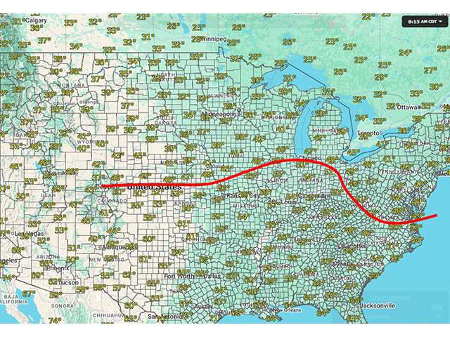 The red line indicates the areas where morning 4-inch soil temperatures have risen above 50 degrees Fahrenheit as of April 10. (DTN graphic)