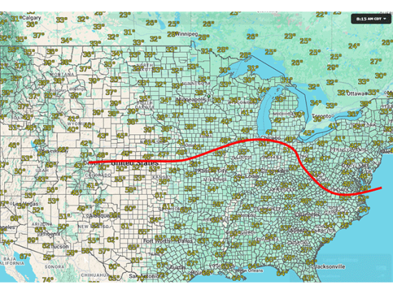 The red line indicates the areas where morning 4-inch soil temperatures have risen above 50 degrees Fahrenheit as of April 10. (DTN graphic)