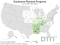 This map shows soybean planting progress by state, according to USDA NASS estimates released Monday. (DTN graphic by Kathy Myers)