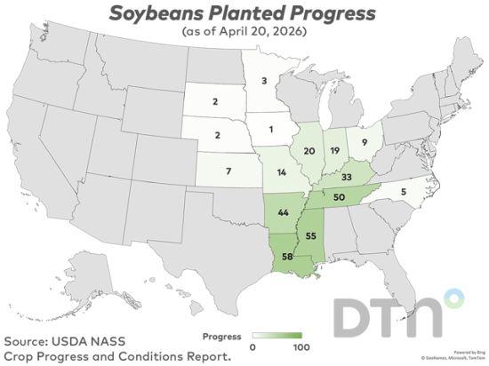 This map shows soybean planting progress by state, according to USDA NASS estimates released Monday. (DTN graphic by Kathy Myers)