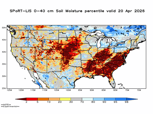 Satellite-derived soil moisture shows major problems for agriculture in some key areas of the country. (NASA graphic)