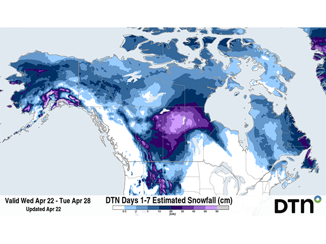 A heavy snowfall event will move into the Canadian Prairies during the next few days. (DTN graphic)