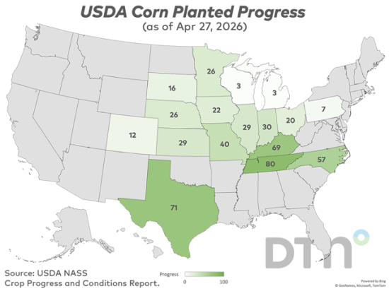 This map shows corn planting progress by state, according to USDA NASS estimates released Monday. (DTN graphic by Kathy Myers)