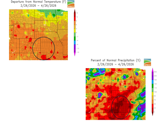 March/April 2026 has been warm and dry in major Plains winter wheat areas. Temperatures have been from 6-12 degrees Fahrenheit above normal, with precipitation mostly below 75% or more below normal. (High Plains Regional Climate Center graphics)