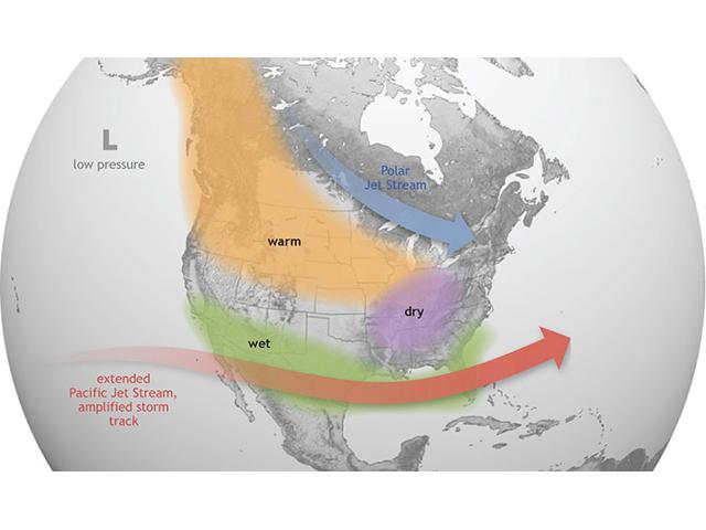El Nino conditions are in the process of developing across the tropical Pacific Ocean. Various effects will be noted worldwide. This shows the primary U.S. effects during the winter. (NOAA Graphic)