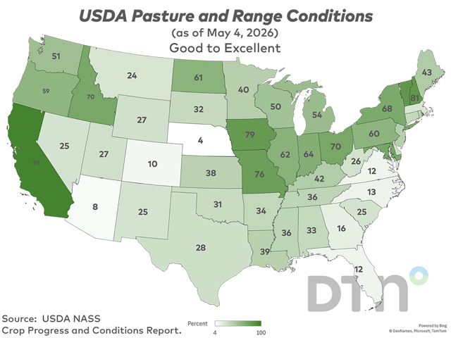 Widespread drought has caused many beef cow states to have a lower percentage of pasture and range in good-to-excellent condition. (DTN graphic by Kathy Myers)