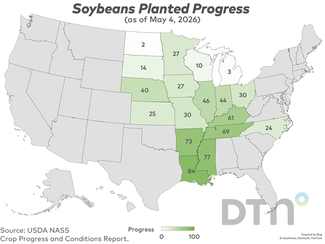 This map shows soybean planting progress by state, according to USDA NASS estimates released Monday. (DTN graphic by Kathy Myers)