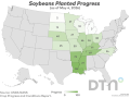 This map shows soybean planting progress by state, according to USDA NASS estimates released Monday. (DTN graphic by Kathy Myers)