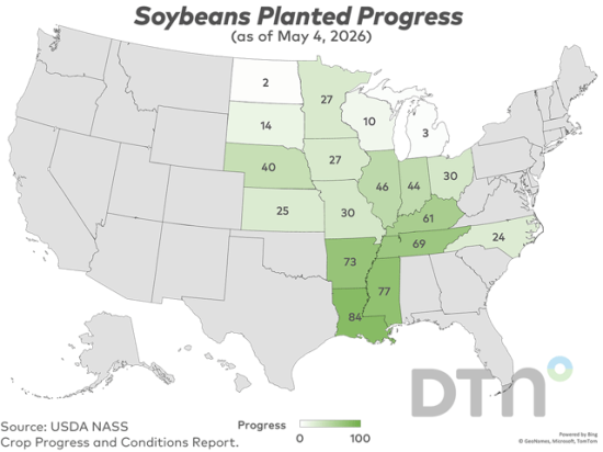 This map shows soybean planting progress by state, according to USDA NASS estimates released Monday. (DTN graphic by Kathy Myers)